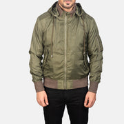 
Vue détaillée of Knit Rib with Removable Nylon Hood & Zipper Hardware on Hanklin Ma-1 Green Hooded Bomber Jacket