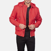
Hanklin Ma-1 Red Hooded Bomber Jacket in Red Nylon - Vue de face & silhouette ajustée | Acheter en ligne