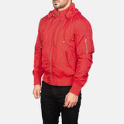
Red Nylon Bomber Jacket - Vue arrière montrant la carrure ajustée et l'ourlet net