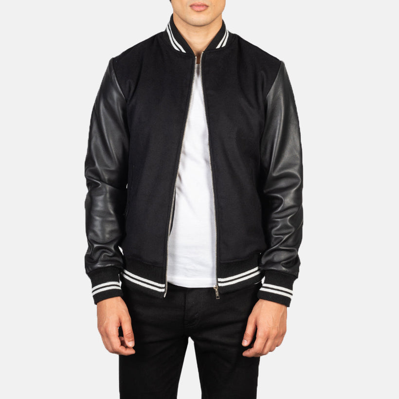 Harrison Noir Hybrid Varsity Veste en Cuir pour Homme