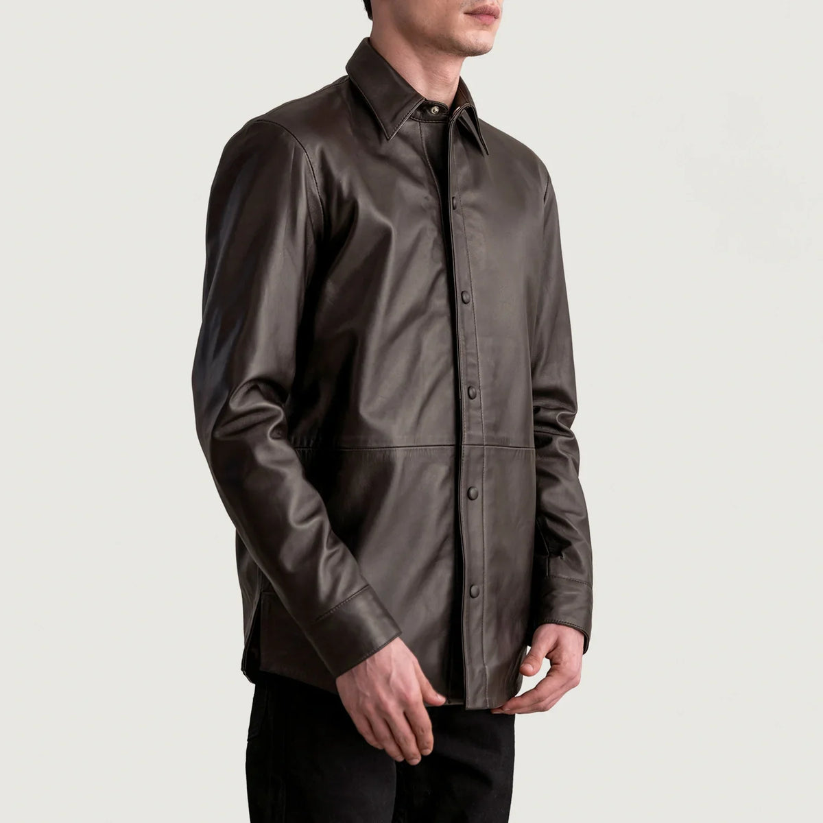 Styled Fit Perspective of Haven Black Leather Shirt on Model - Natural Daylight Drape