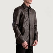 Styled Fit Perspective of Haven Black Leather Shirt on Model - Natural Daylight Drape