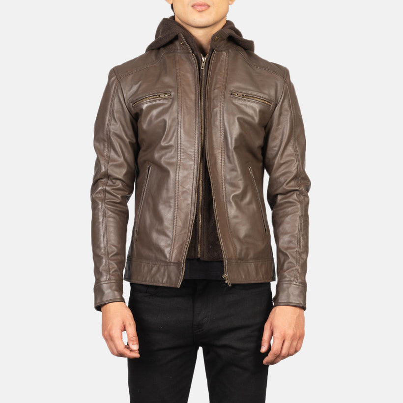 Hector Marron Hooded Veste Motard en Cuir pour Homme
