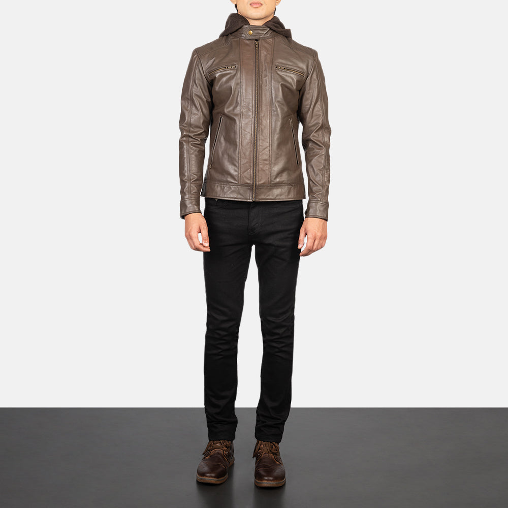 Men's Hector Marron Hooded Veste Motard en Cuir pour Homme - Vue de profil avec coupe de manche ergonomique