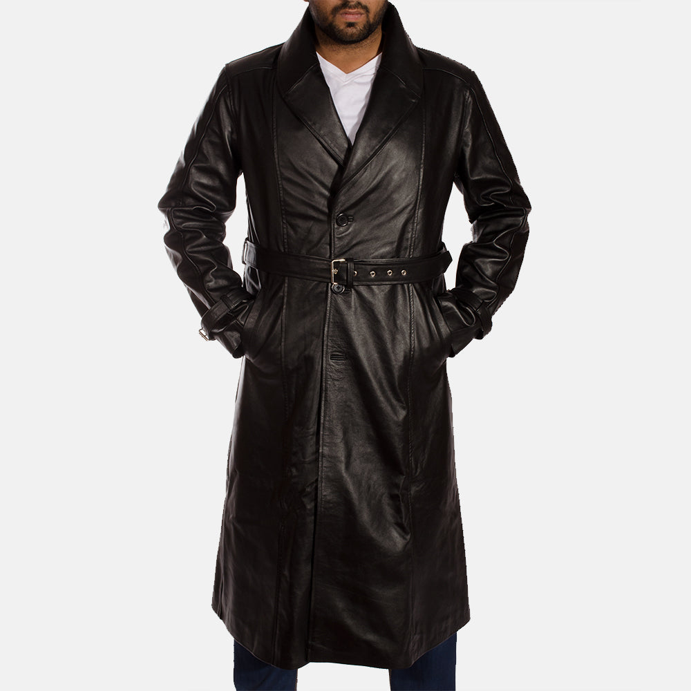 
Hooligan Noir Trench-coat en Cuir pour Homme in Black Cowhide Leather - Vue de face & silhouette ajustée | Acheter en ligne
