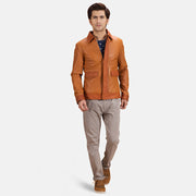 Close-Up Detail of Shirt & Zipper with wind flap Hardware on Hubert Tan Brown Leather Jacket
