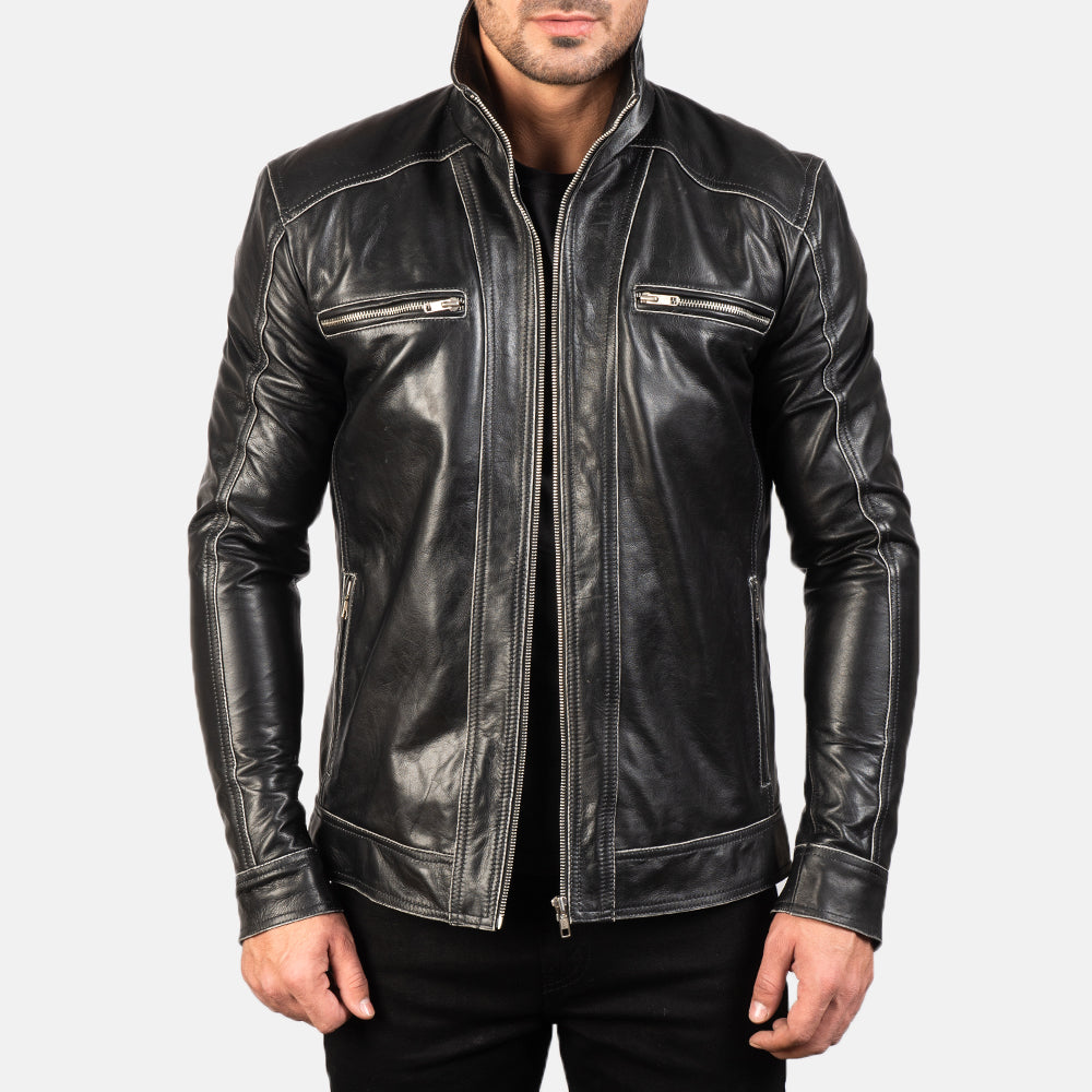 Hudson Black Leather Biker Jacket in Black Cowhide Leather - Vue de face &amp; silhouette ajustée | Acheter en ligne