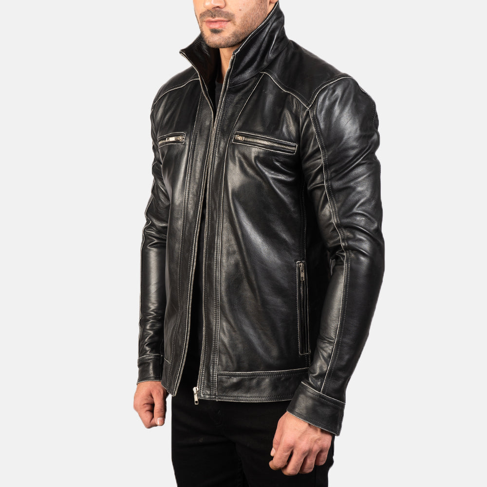 Black Cowhide Leather Biker Jacket - Vue de dos avec coupe ajustée aux épaules &amp; ourlet soigné