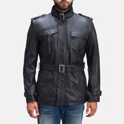 Hunter Noir Veste en Cuir pour Homme in Black Sheepskin Leather - Vue de face &amp; silhouette ajustée | Acheter en ligne