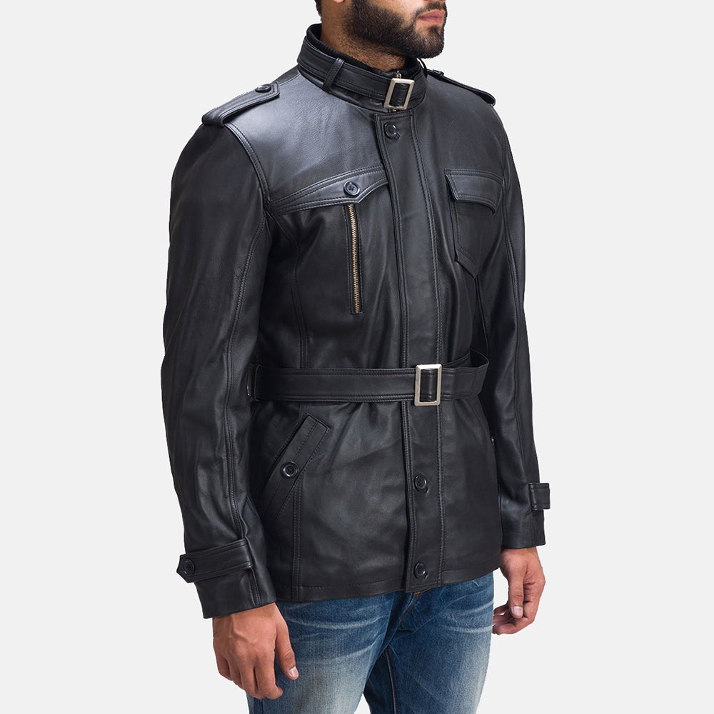 Black Sheepskin leather Coat - Vue de dos avec coupe ajustée aux épaules &amp; ourlet soigné