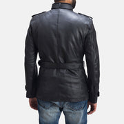 Vue détaillée of Band with buckle closure &amp; Zipper with button flap and waist belt Hardware on Hunter Noir Veste en Cuir pour Homme