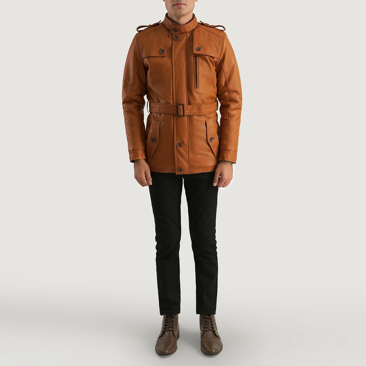 
Hunter Camel Marron Fur Veste en Cuir pour Homme - Vue de profil mettant en valeur la coupe de manche ergonomique