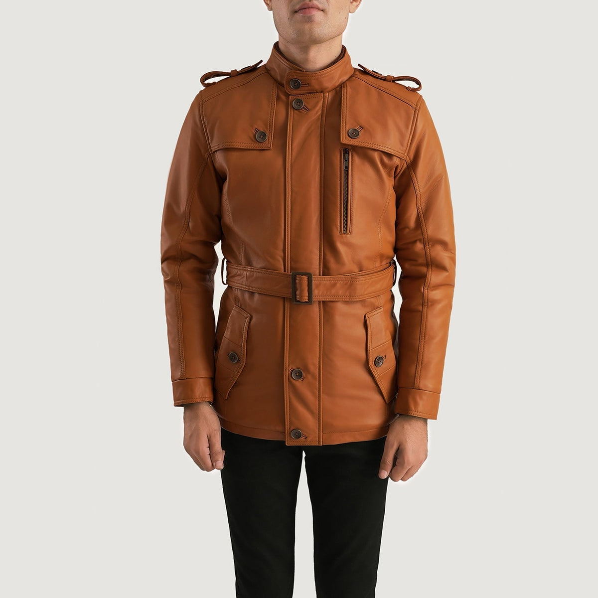 
Vue détaillée of Band (Buttoned) & Zipper with Button Flap Hardware on Hunter Camel Marron Fur Veste en Cuir pour Homme