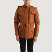 
Vue détaillée of Band (Buttoned) & Zipper with Button Flap Hardware on Hunter Camel Marron Fur Veste en Cuir pour Homme