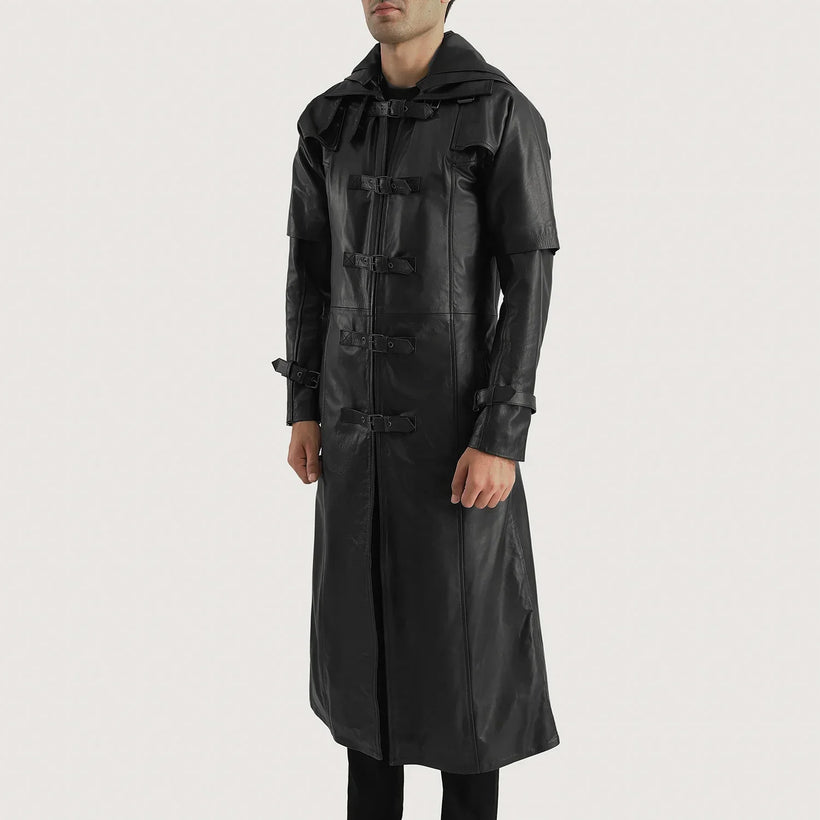 Huntsman Noir Hooded Trench-coat en Cuir pour Homme