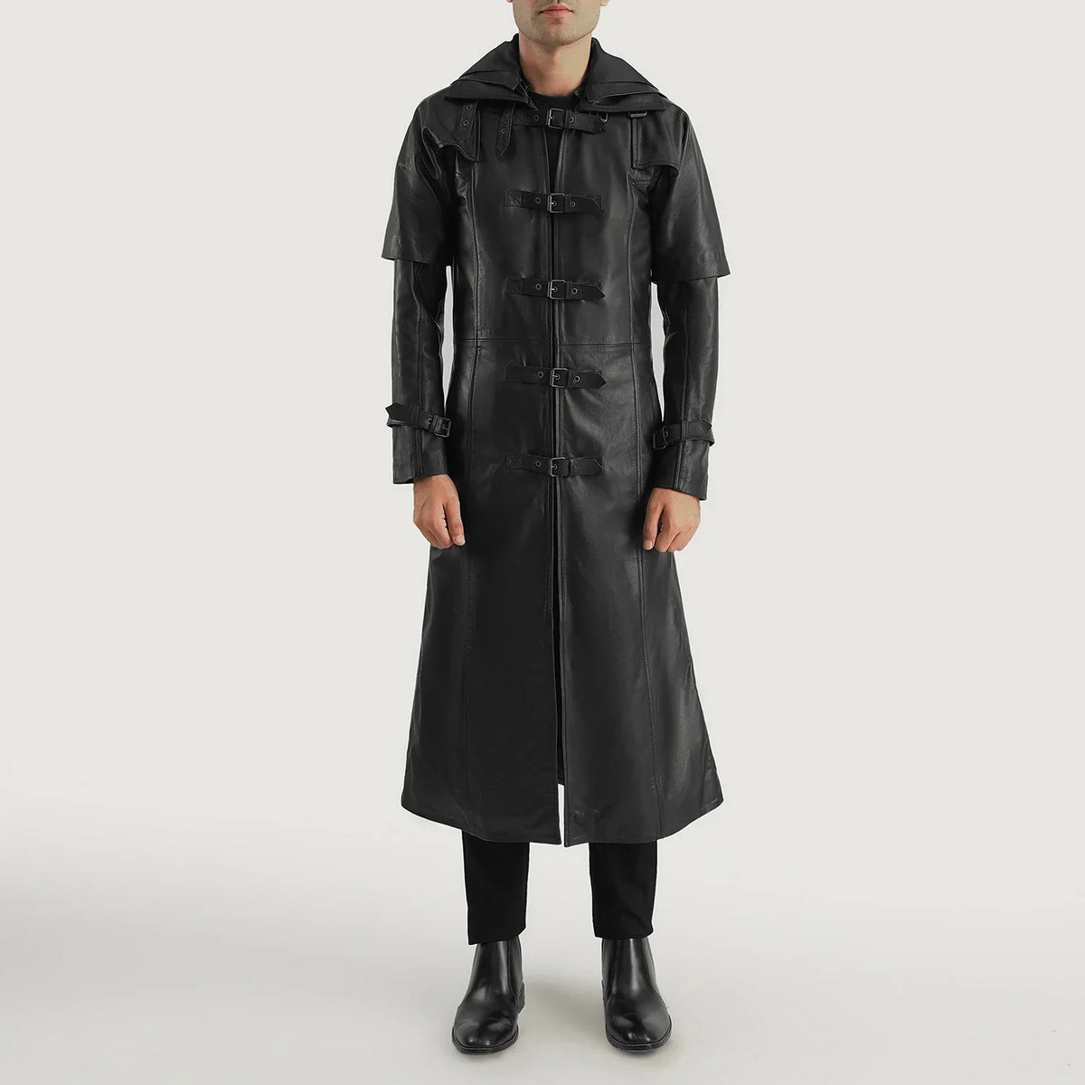 
Huntsman Noir Hooded Trench-coat en Cuir pour Homme - Vue de profil mettant en valeur la coupe de manche ergonomique