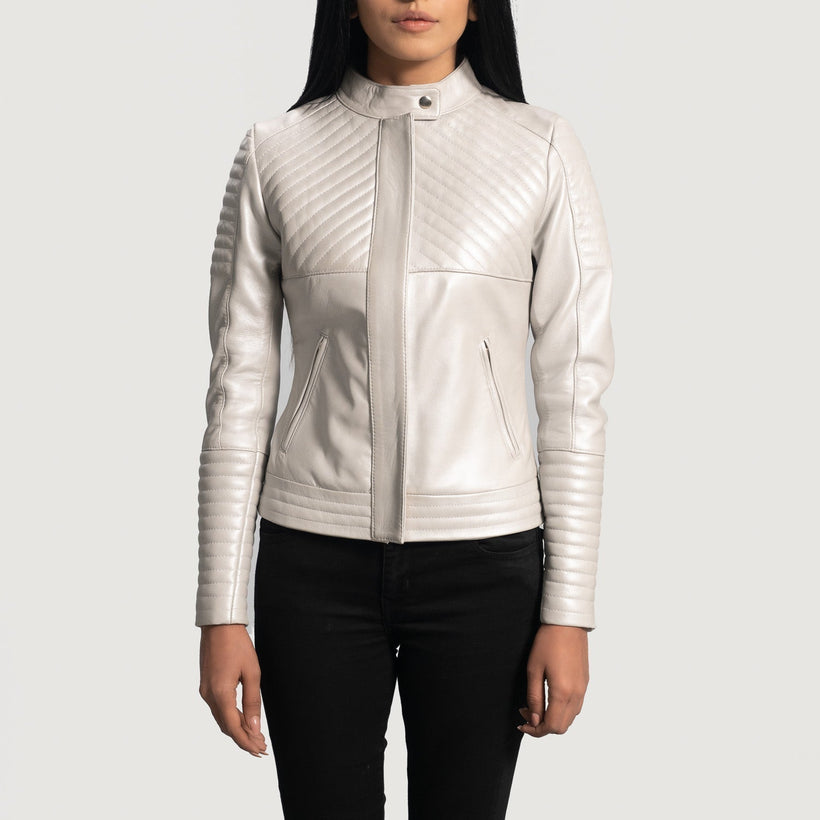 Ice Maiden Silver Matelassé Veste Motard en Cuir pour Femme