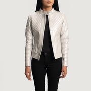 Women's Ice Maiden Silver Matelassé Veste Motard en Cuir pour Femme - Vue de profil avec coupe de manche ergonomique