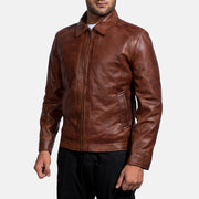 Styled Fit Perspective of Men's Inferno Marron Veste en Cuir pour Homme on Model - Natural Daylight Drape