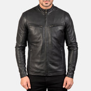 Vue détaillée of Band &amp; Zipper Hardware on Men's Ionic Black Leather Jacket