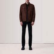 Brown Waxed Cotton Canvas Leather Jacket - Vue de dos avec coupe ajustée aux épaules &amp; ourlet soigné