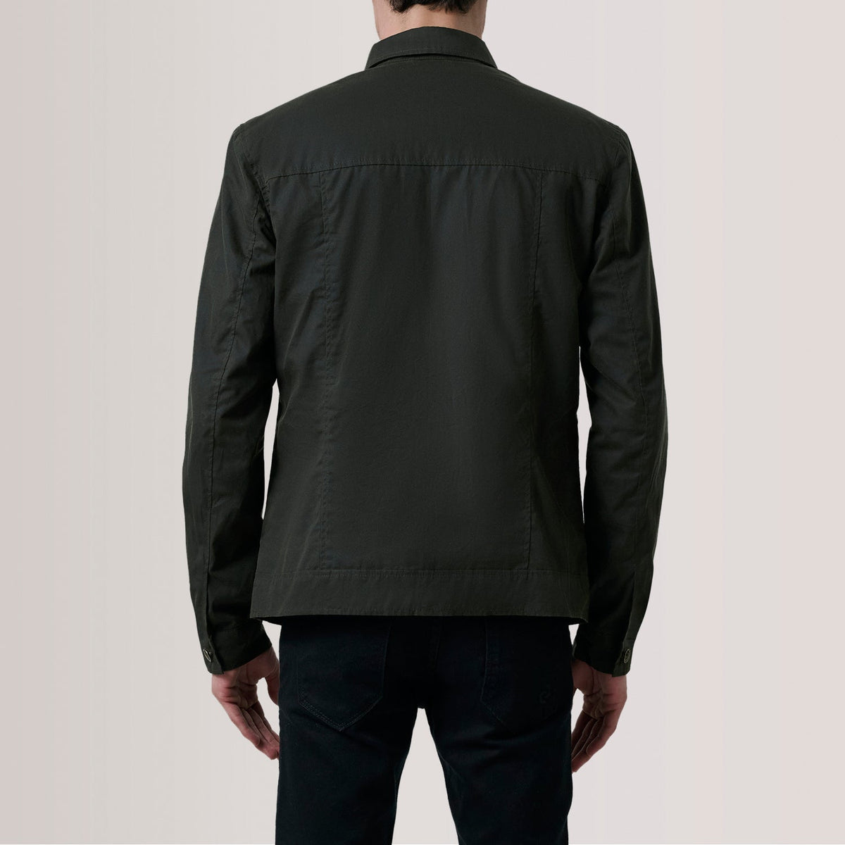 Close-Up Detail of Classic Collar & Button Hardware on Irwin Olive Waxed Canvas Field Jacket For Men