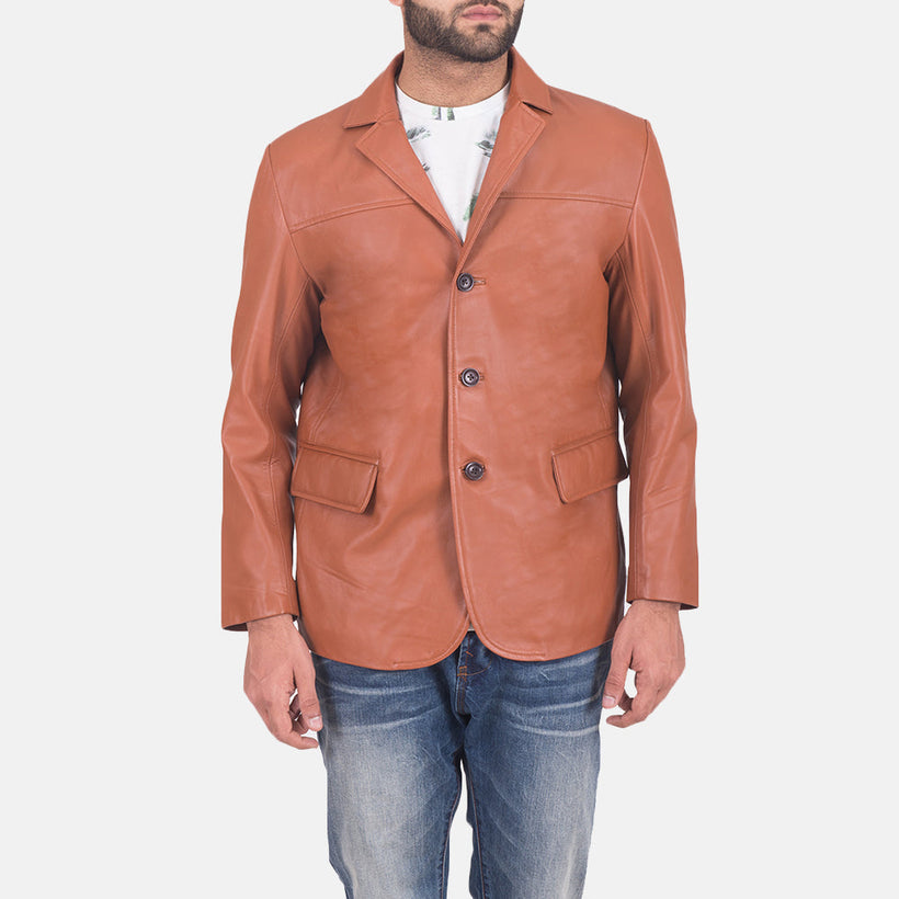 James Camel Marron Blazer en Cuir en Cuir pour Homme