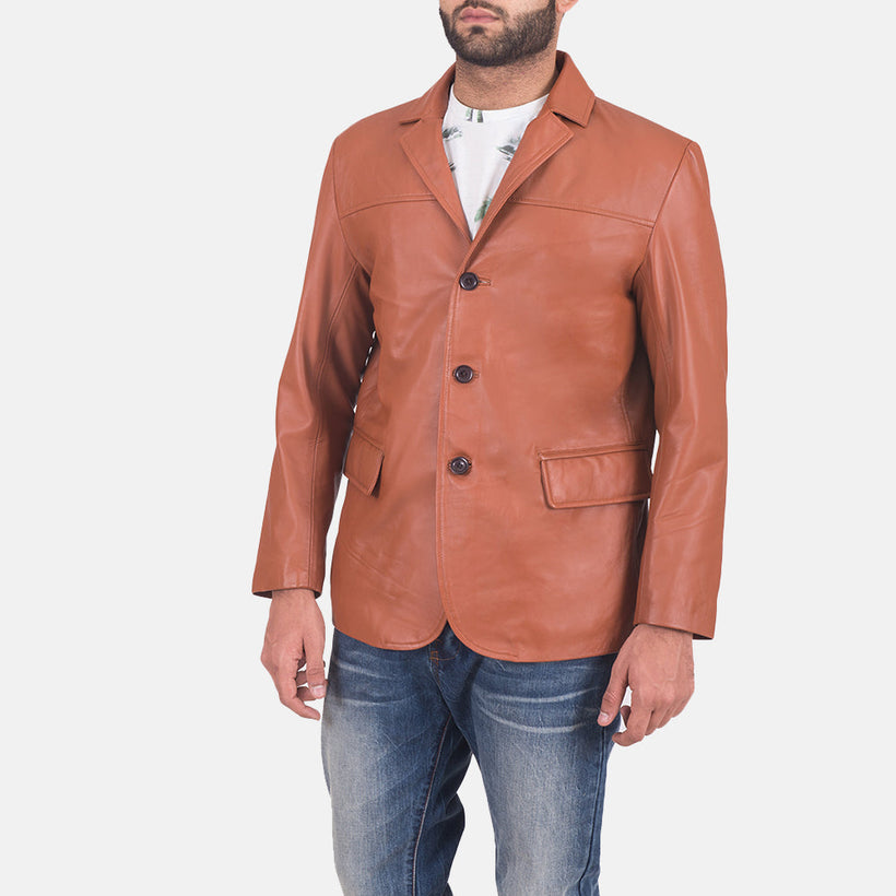 James Camel Marron Blazer en Cuir en Cuir pour Homme