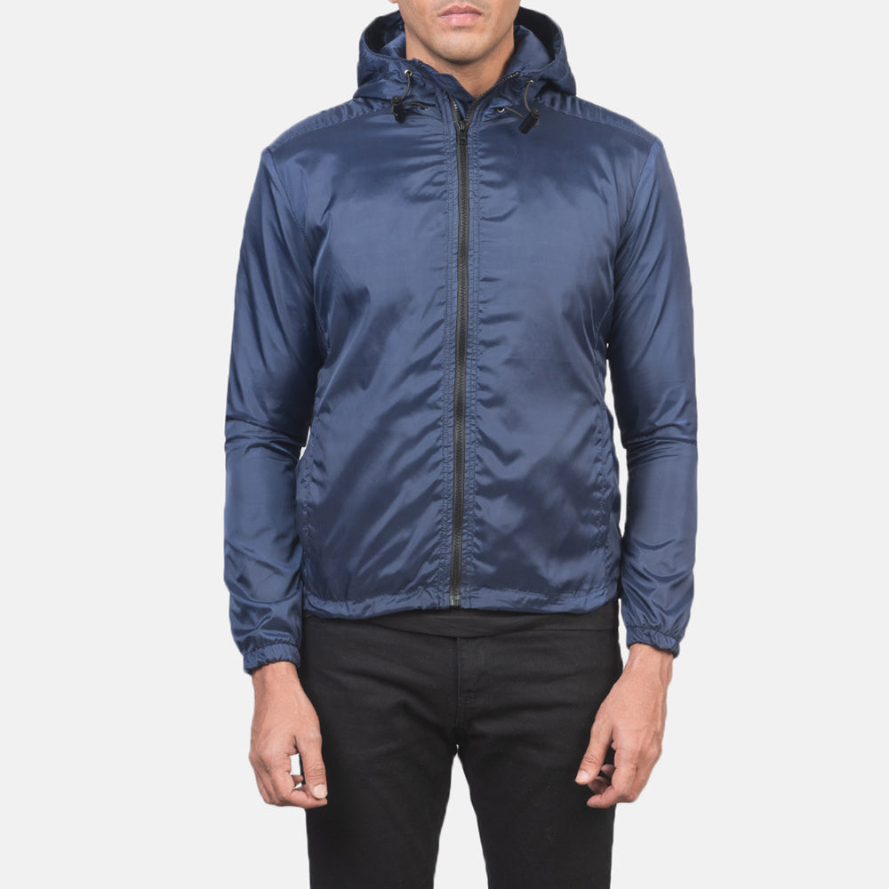Jimmy Blue Hooded Windbreaker Jacket in Blue Nylon - Vue de face & silhouette ajustée | Acheter en ligne