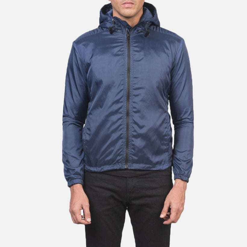 Jimmy Bleu Hooded Windbreaker Veste en Cuir pour Homme