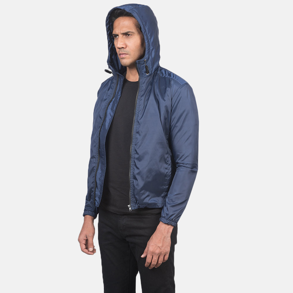 Vue détaillée of High Neck with Hood & Zipper with wind flap Hardware on Jimmy Blue Hooded Windbreaker Jacket