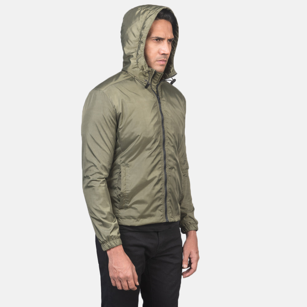 Green Nylon Hooded Jacket - Vue arrière montrant la carrure ajustée et l'ourlet net