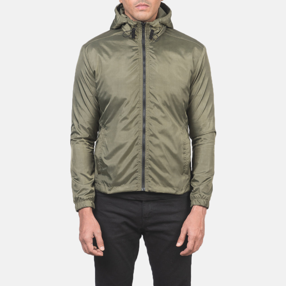 Vue détaillée of High Neck with Hood &amp; Zipper with wind flap Hardware on Men's Jimmy Vert Hooded Windbreaker Veste en Cuir pour Homme
