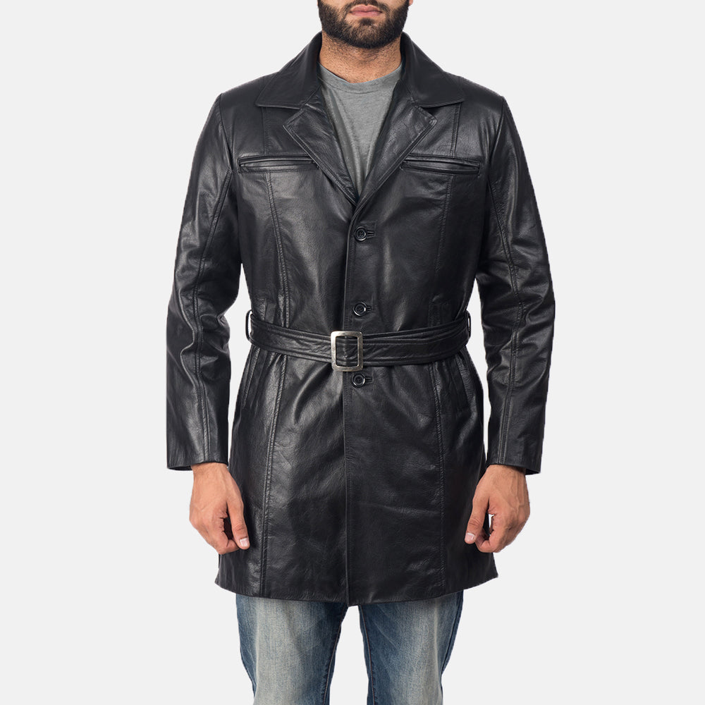 Men's Jordan Noir Manteau en Cuir pour Homme in Black Cowhide Leather - Vue de face &amp; silhouette ajustée | Acheter en ligne