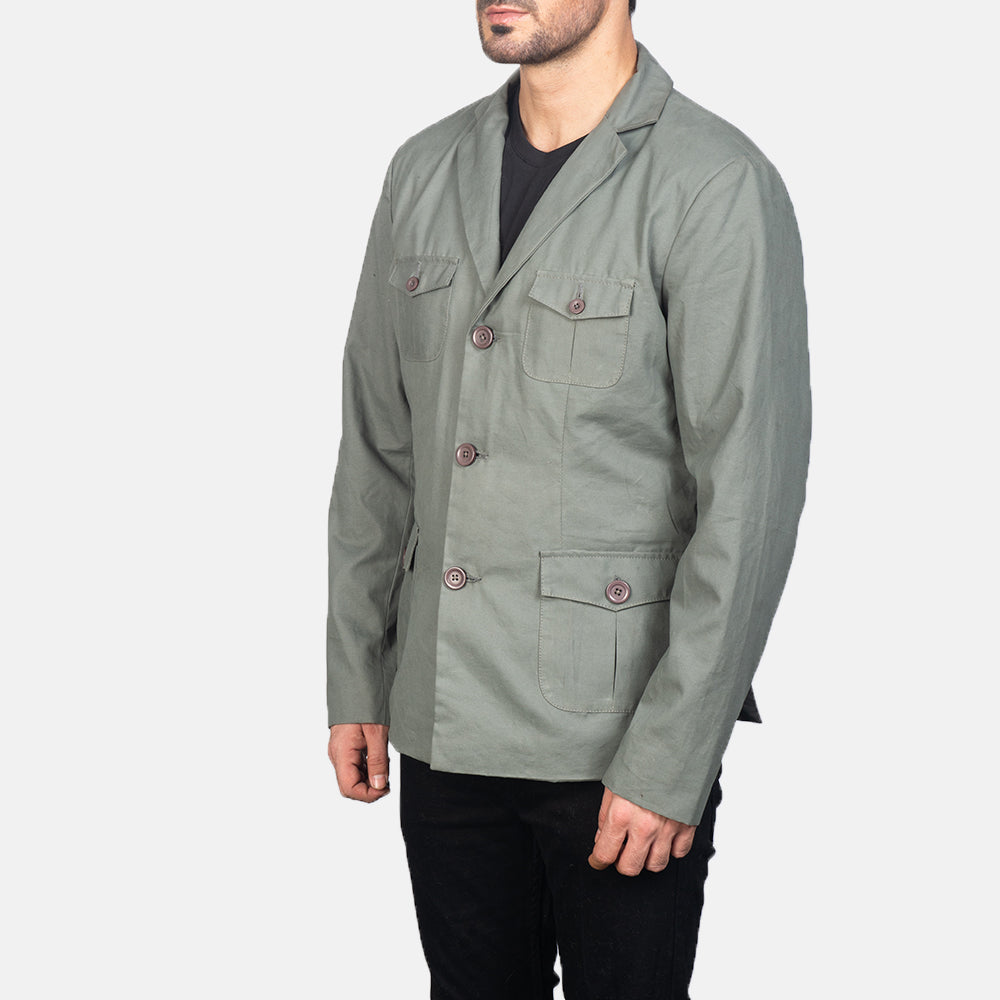 
Grey Poly-Cotton Leather Blazer - Vue arrière montrant la carrure ajustée et l'ourlet net