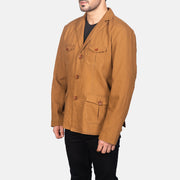 Khaki Poly-Cotton Leather Blazer - Vue de dos avec coupe ajustée aux épaules &amp; ourlet soigné
