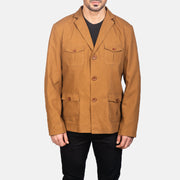Vue détaillée of Notch &amp; Button Hardware on Kajetan Khaki Safari Veste en Cuir pour Homme
