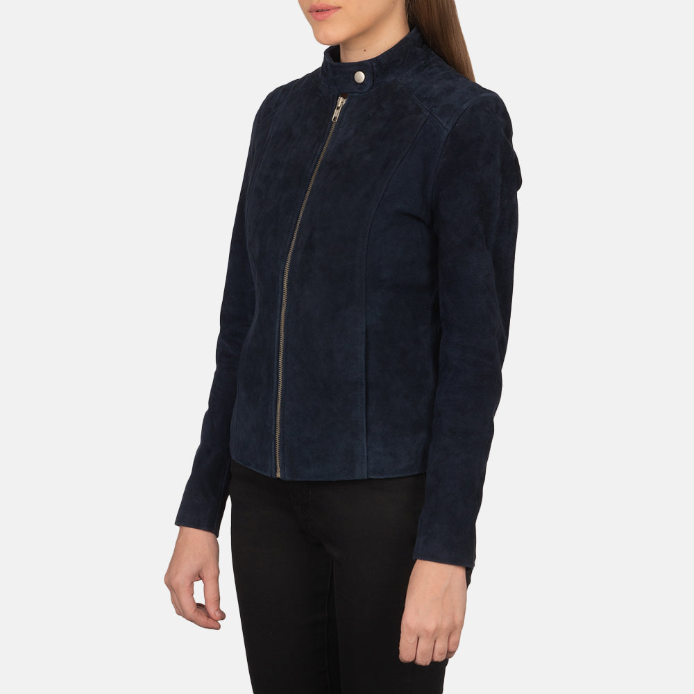 Navy Blue Goatskin Suede Biker Jacket - Vue de dos avec coupe ajustée aux épaules &amp; ourlet soigné