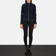 Women's Kelsee Navy Blue Suede Biker Jacket - Vue de profil avec coupe de manche ergonomique