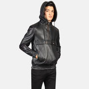 Vue détaillée of Classic Collar &amp; Heavy-Duty Zipper Hardware on Men's Kenton Hooded Blue Suede Pullover Jacket