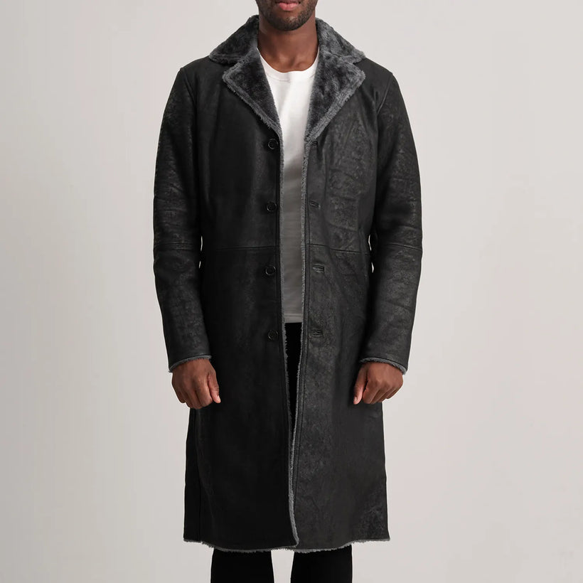 Kolby Noir Vieilli Leather Shearling Manteau en Cuir pour Homme