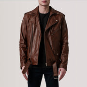 
Kole Waxed Marron Leather Double Rider Veste en Cuir pour Homme in Distressed Brown Sheepskin Burnished - Vue de face & silhouette ajustée | Acheter en ligne