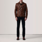 
Distressed Brown Sheepskin Burnished Biker Jacket - Vue arrière montrant la carrure ajustée et l'ourlet net