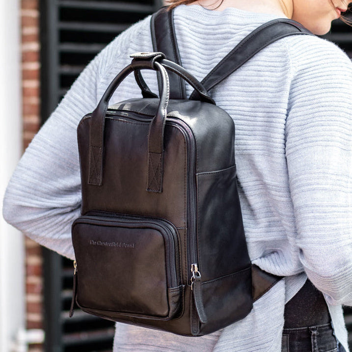 Classic 100% Full-Grain leather Backpack - Rear Perspective Showing Reinforced Leather Straps & Stitching