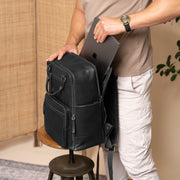 Solid Antique Brass Hardware &amp; Heavy-Duty Dual Zipper Detail on Calden Full-Grain Leather Laptop Backpack pour Femme