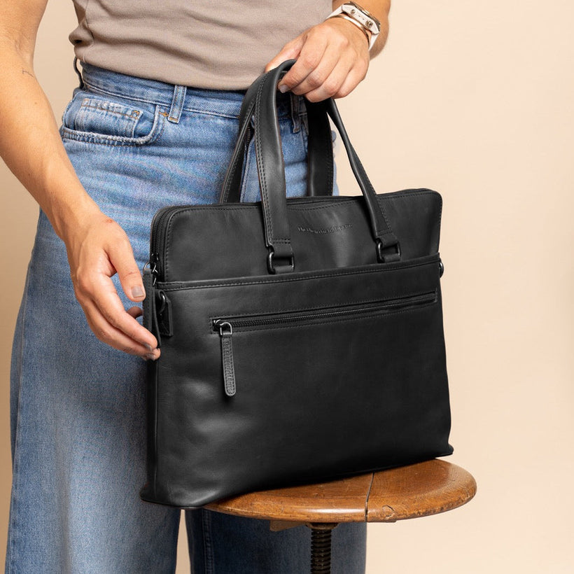 Classic 100% Full-Grain leather Briefcase - Rear Perspective Showing Reinforced Leather Straps & Stitching