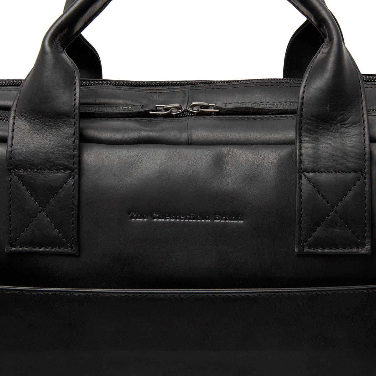 
Solid Antique Brass Hardware & Heavy-Duty Dual Zipper Detail on Frazer Sacoche d'ordinateur en cuir pleine fleur