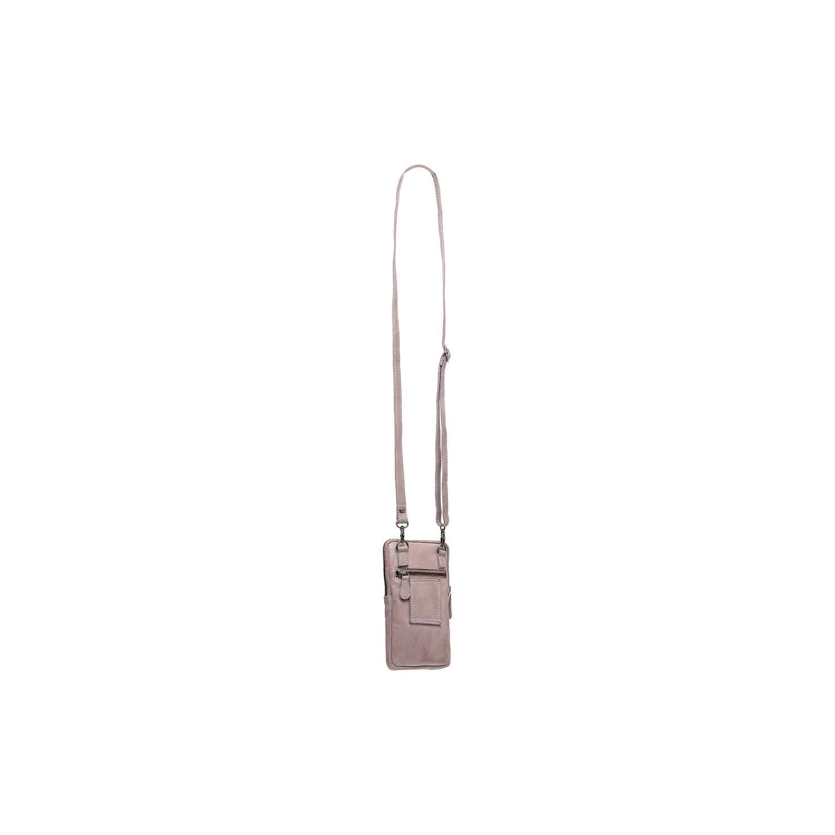 Styled Fit Perspective of Salta Full-Grain Leather Phone Bag pour Femme on Model - Natural Daylight Drape