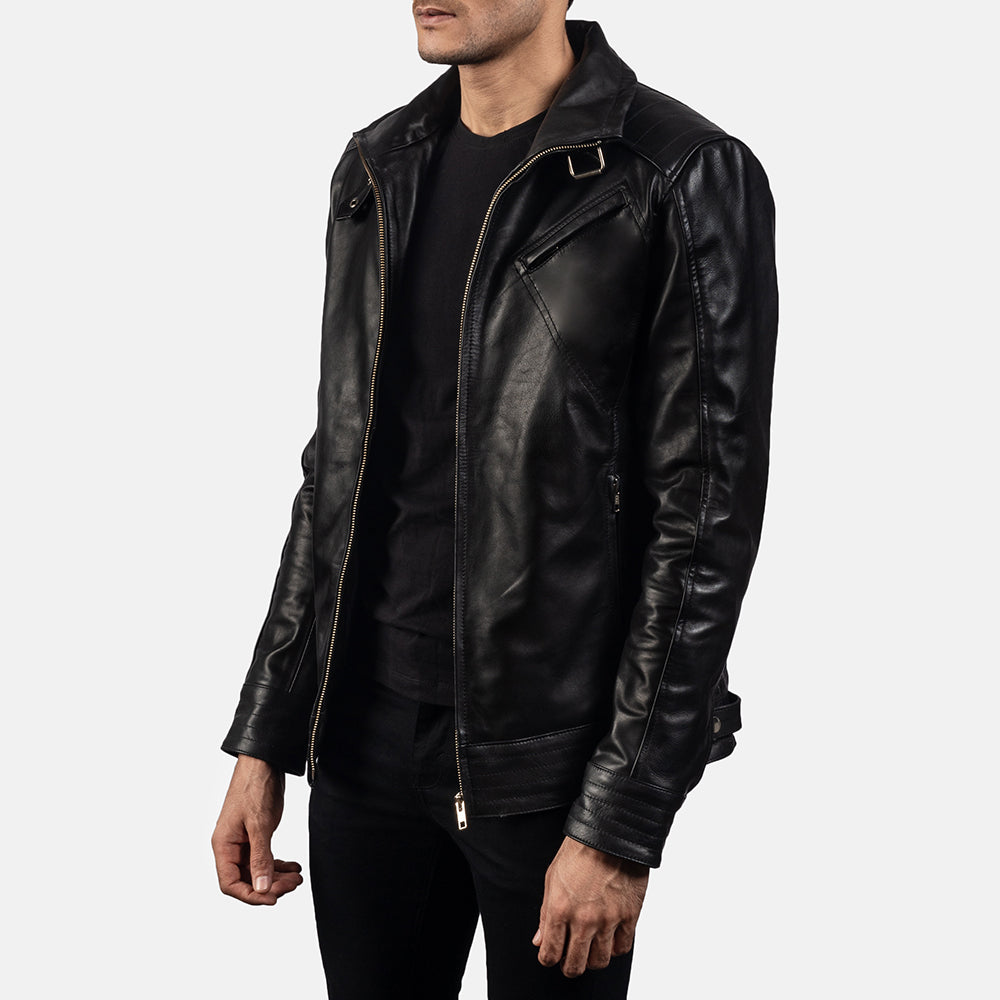 
Black Cowhide Leather Biker Jacket - Vue arrière montrant la carrure ajustée et l'ourlet net