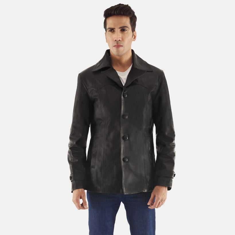 Leo Noir Manteau en Cuir pour Homme